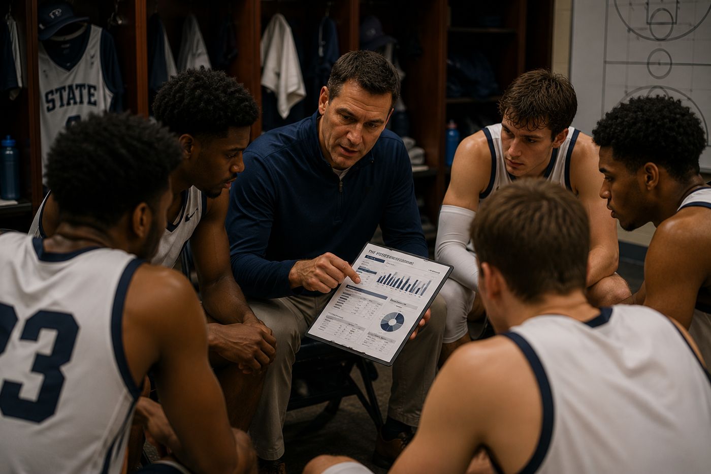 Team reviewing the report in the locker room